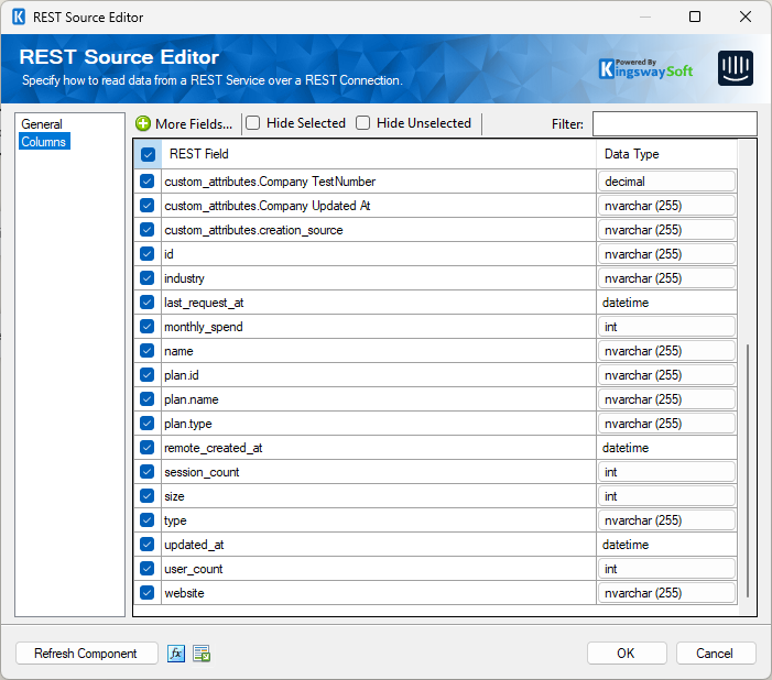 SSIS Intercom REST Source - Columns